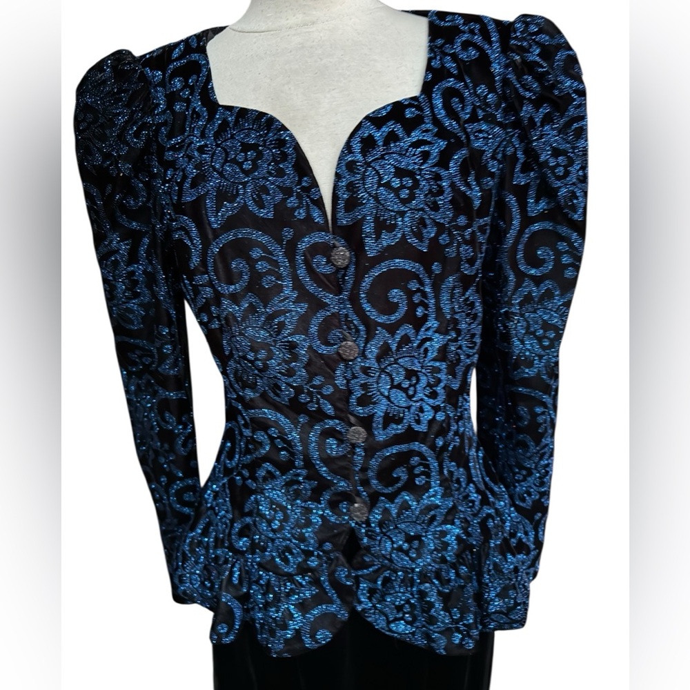1980s Scott McClintock Velvet w/Embellished Blue Glitter Floral Blazer & Skirt S